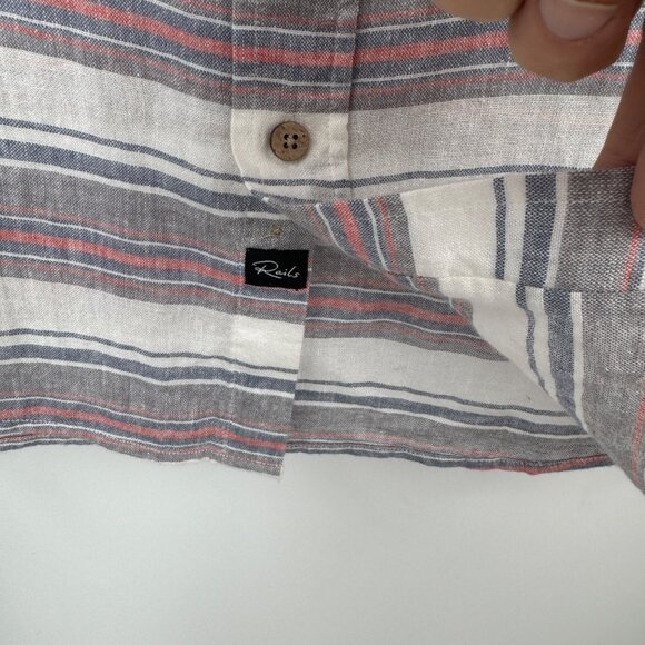 Rails Shirt Mens Large Gray Red Blue Stripes Button Up Camp Casual Linen Rayon - Picture 6 of 13